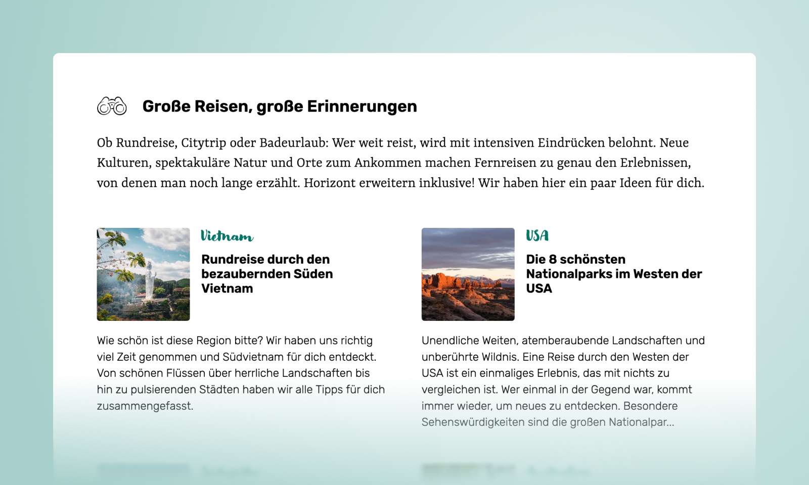Ausschnitt eines Reiseinspirationsabschnitts auf Travellers Insight mit der Überschrift